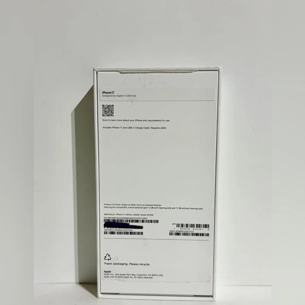 Apple iPhone 17 White 256GB Model A3258 *EMPTY BOX ONLY* Accessory Smartphone